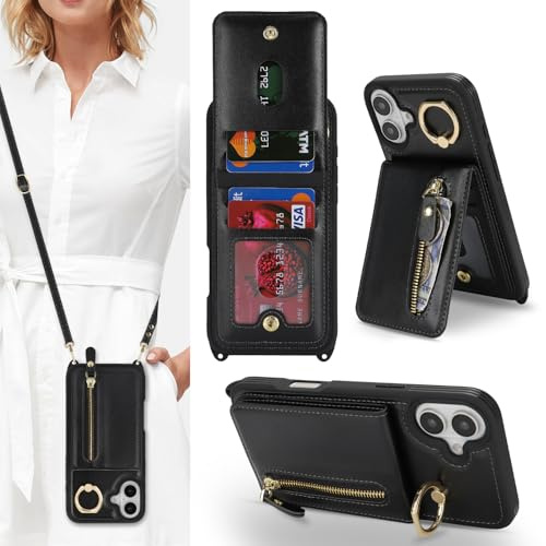 CAVOR Handykette Handyhülle Kompatibel mit iPhone 16 Hülle Mit Band,Flip Leder Geldborse Hülle,[4 Kartenfach][Mit Ring][Reißverschluss],Handytasche zum Umhängeband - Schwarz