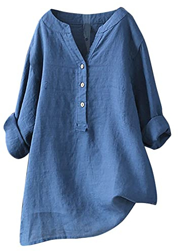 Haut en gaze de lin Y2K pour femme - Manches 3/4 - Solide - Grande taille - Robe décontractée 2025 - Col en V - Coupe ample boutonnée - Manches longues - Col montant - Chemise tendance en gaze