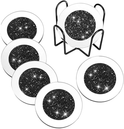 FytStycale 6 Piezas Posavasos de Espejo Redondos Protectores de Mesa Y Accesorios de Bar de Vidrio Resistente Al Agua Y Adecuado para Regalos de Inauguraci, Negro, Individual