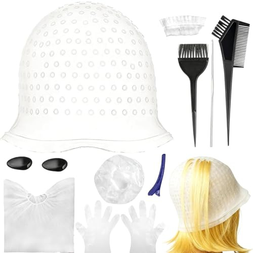 Highlight Cap,Punched Hole Silicone Highlight Hair Cap with Hair Coloring Brushes and Needle,Reusable Highlighting Caps with Professional Salon Hairdressing Tools for Women Men