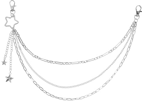 Silver Chain Belts For Women With Stars Layered Jean Chain Belt For Men & Women Hip Hop Y2k Chains Decorations Silver Chains For Pants Punk Wallet Pocket Accessories Festival Concert Cosplay
