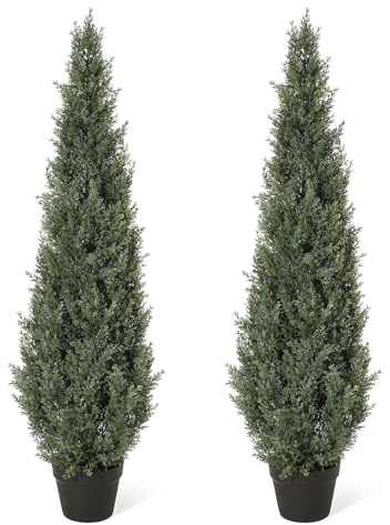 Aptliton Set of 2 Ultra-Realistic Artificial Cedar Topiary Trees, Lifelike Faux Cypress in Pots, UV-Resistant Decor for Outdoor Indoor Garden, Porch, Balcony, Home, Office, 4ft (2pcs)
