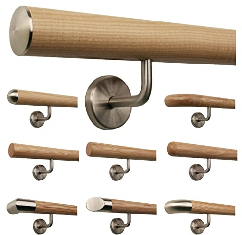 TIBU Esche Holz Handlauf Geländer 0,3m - 6m, Länge 120 cm, Ende leicht gewölbte Edelstahlkappe und 2 gewinkelte Halter