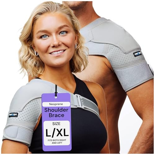 ZENKEYZ Shoulder Brace for Men and Women - Gray, Large/X-Large - Adjustable Neoprene Compression Sleeve with Cold Therapy Pocket - One-Handed Application Support for Physical Recovery and Joint Stability, Ambidextrous Fit