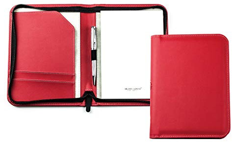 DELMON VARONE - Personalisierbare Schreibmappe DIN A5 „EcoAppleLeather“ Rot, Recycled Öko Apfel Leder Konferenzmappe mit Notizblock, Stiftschlaufe und Steckfächer, Businessmappe mit Reißverschluss