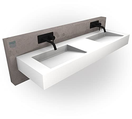 Wandbecken TWG16 aus Mineralguss - 153 x 45 x 15 cm - Farbe wählbar - Edelstahl Untergestell Schwarz matt optional, Farbe:Weiß matt, Untergestell:Ohne Untergestell