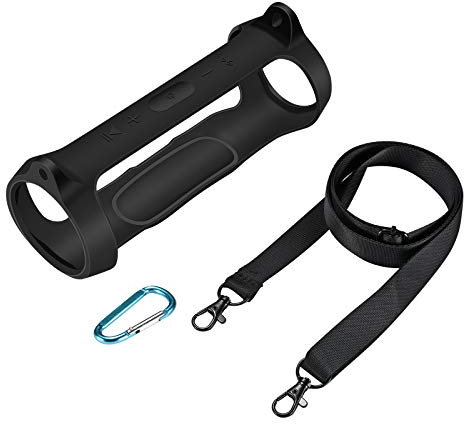 Yaowanguan Silikonhülle Tragetasche Etui für JBL Charge Essential Bluetooth Lautsprecher, Tragbare Ultraleichte Schutzhülle w/Karabiner&Schultergurt(Schwarz)