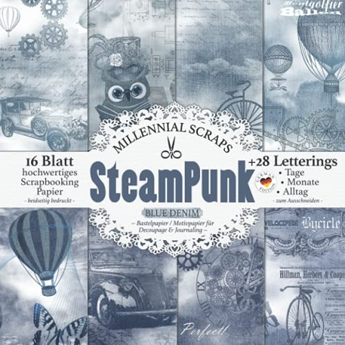 Steampunk Blue Denim – Bastelpapier / Motivpapier für Decoupage & Journaling –: Scrapbooking Papier & Junk Journal Zubehör I Zum Ausschneiden I Mit Letterings I Karten Basteln DIY Geschenk I Tagebuch