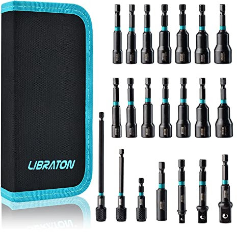 Libraton 21tlg Magnet Sechskant Stecknuss, 6-14mm Steckschlüsselsatz un 1/4''-9/16'' Steckschlüssel Set, Adapter auf 1/4 1/2 3/8, Sechskantschaft Magnetische Bithalter für Akkuschrauber