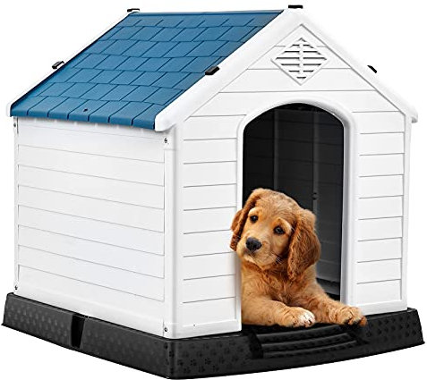 GYMAX Outdoor Hundehütte mit Schrägdach & erhöhtem Boden, Hundehaus aus Kunststoff, Wetterfeste Hundehöhle im Landhausstil (Weiß + Blau, 72,5 x 66 x 70,5 cm)