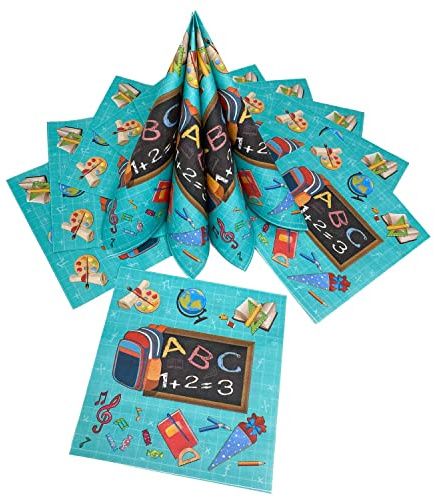 Oblique Unique 20 Servietten Einschulung 33x33 cm – Schuleinführung Schulanfang Deko Türkis – ABC Zuckertüte Tafel Rucksack Motiv – Tischdeko Einschulungsfeier Jungen & Mädchen