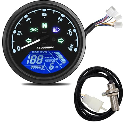 Geloo Compteur Moto a Cable,Compteur de vitesse numérique pour moto - 12000 tr/min - 199 km/h - Universel pour 1,2,4 cylindres avec indicateur lumineux multifonction 12 V