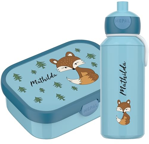 4youDesign Mepal Bento Box & Trinkflasche Set personalisiert Fuchs blau – Geschenk für Kinder Weihnachten, Nikolaus, Geburtstag – BPA frei - Auslaufsicher – Brotdose 750ml, 400ml Flasche (Cool Blue)