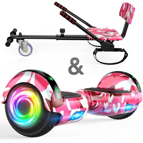 SISIGAD Hoverboard Go Kart Seat 16,5 cm Hoverboard med LED-lampor och Bluetooth-högtalare, Go Kart hoverboard set för barn, pojkar och flickor
