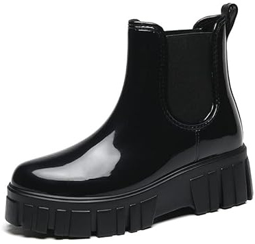 SWZEC Bottes De Pluie Femme Caoutchouc Botte Imperméables Chelsea Wellington Antidérapant Jardin Chaussures Wellies Plateforme Bottines 36-41 (37,Noir)