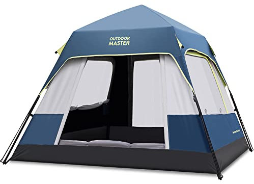 OutdoorMaster Tents, 4/6/8 Person Camping Tent with Dark Space Technology, Easy Setup in 60 Seconds, Weatherproof Pop Up Tent for Camping with Top Rainfly, Instant Cabin Tent (Upgrade Blue, 4 Person)