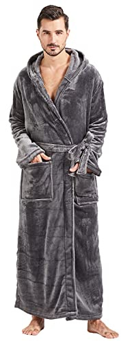 FashGudim plyschrock med huva för män med svart trim full längd plysch lång rock för män stora och höga varma fleece-badrockar husrockar, Grå, 6XL-7XL Plus Tall
