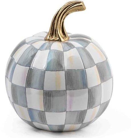 MACKENZIE-CHILDS Mini Decorative Pumpkin for Fall Decor, Autumn Decorations for Home, Gray-and-White Sterling Check