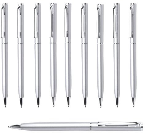 noTrash2003 10er Set Metall-Kugelschreiber Aluminium schlanke Form, eleganter Drehkugelschreiber für Büro und Arbeitsplatz Silber Gold Schwarz Weiss Gelb Blau Rot Orange Pink Grün (Silber)