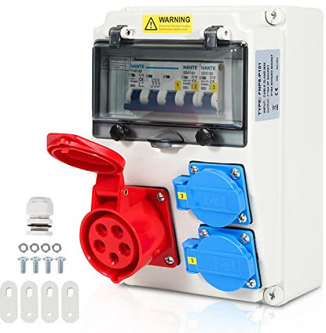 Tubiaz Power Distributor 16 A, Construction Power Distributor 2 x 16 A 230 V + 1 x CEE 16 A 400 V 5-Pin Wall Distributor with LS Switch, High Current Distributor IP44 for Construction Sites