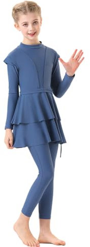 IMEKIS Kinder M?dchen Muslimische Bademode Langarm Burkini mit Hijab Volle Abdeckung Rash Guard Badeanzug 3tlg R?schen Tankini Set Sommer Badebekleidung Dunkelblau 7-8 Jahre