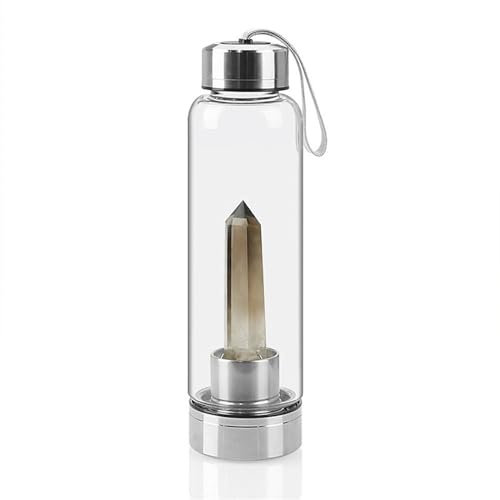Natural Crystal Water Bottle Reusable Water Bottle With Gemstone Center Healing Obelisk Wand Elixir Quartz Crystal Water Bottle Quartz Crystal Wand Point Reiki Healing Crystal Glass Bottle ( Color : B