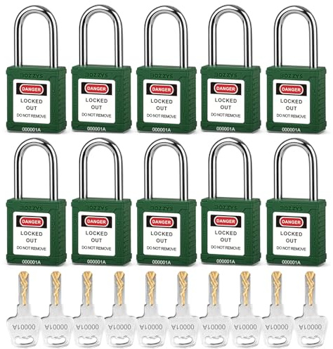 Lockout/Tagout Nylon-Vorhängeschlösser, 10 Stück, grün, Zylinder aus Zinklegierung, gleichschließend, 10 Schlüssel pro Set, um versehentlichen Betrieb zu verhindern (BD-G04KA)