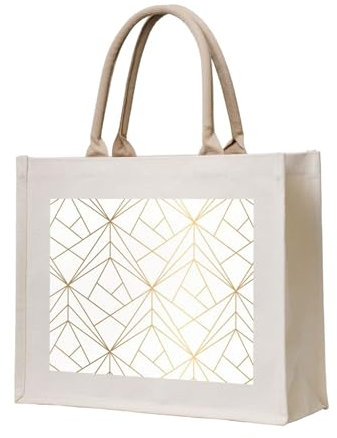 YWSOTRE Geometrisches Goldmuster mit weißem Schimmer, Tragetasche Canvas-Tasche Einkaufshandtasche Einkaufstüten, Mehrzweck-Schultertaschen