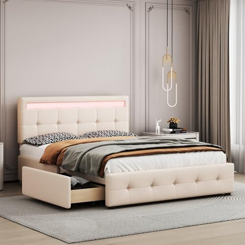 Bigougem Bettgestell 140x200, Polsterbett mit LED, Lattenrost & Bettkasten auf Rollen, Einzelbett mit Kopfteil & 4 Schubladen, Kinderbett Jugendbett Gästebett, ohne Matratze (Beige)