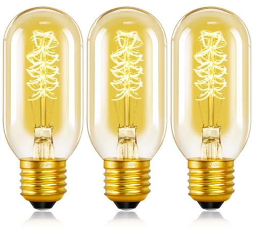 SCNNC Vintage Edison Light Bulb E27 T45 Dimmable 220V, E27 Decorative Filament Bulb Warm White 2200K, Amber Glass T45 Tube Spiral Retro Filament Bulb for Bar Restaurant, Pack of 3