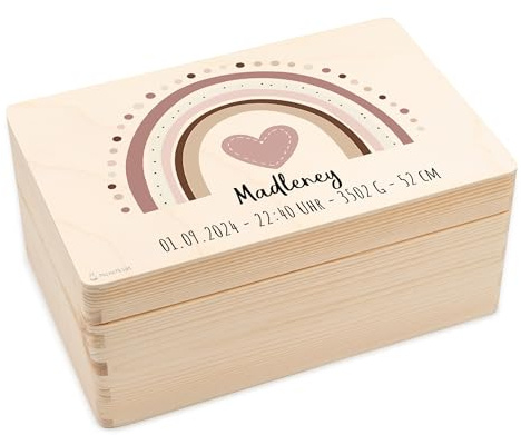 Erinnerungskiste Baby Mädchen/einzigartige Holzkiste personalisiert/Holz | 30 x 20 x 14 / Erinnerungsbox Baby, Taufgeschenke für Mädchen, Regenbogen Boho mit Namen und Geburtsdaten