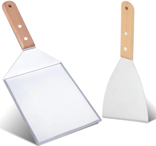 OWLMATE 2 Stück Grillspachtel aus Edelstahl Plancha Spachtel mit Rutschfester Griff für Burger Zerschlagen Grillspachtel Edelstahl für Plancha & Teppanyaki