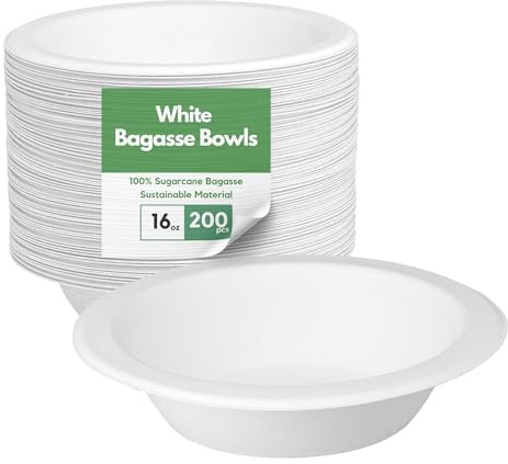 CaterCo Bagasse Sugarcane 16oz / 370ml Bowls - Strong, Disposable, Biodegradable, Compostable Eco-Friendly White Paper Bowl for Soup, Salad, Dessert, Party, BBQ - 16oz Bowls - 200 Pack