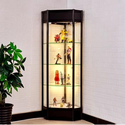 YFWOKSL Vitrine, 180 cm hohe Glasvitrine mit Beleuchtung, Eckvitrinen aus Metall für Sammlerstücke, transparenter Spirituosen-Aufbewahrungsschrank mit Beleuchtung (Schwarz, 180 x 50 x 50 cm))