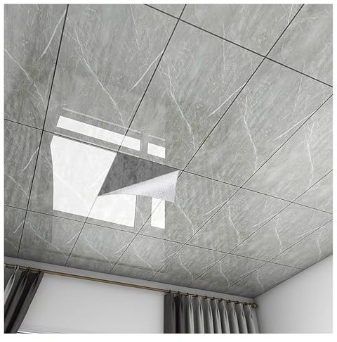 Carreaux de plafond en marbre, autocollants muraux pelés et collés, panneaux muraux brillants, autocollants for cuisine et salle de bains(Gray,30x60cm(50pcs))