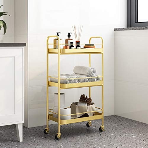 Salonwagen mit Bremse und 3 Lagen, Metall, Allzweckwagen für Kosmetikbedarf, 45 x 25 x 81 cm, Gold, Schwarz, Weiß.