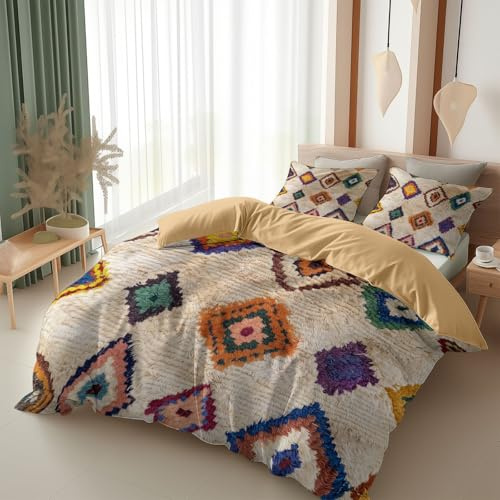 Bettwäsche-Set Kreativer geometrischer Retro-Druck 200x220 cm, Bettbezug Weiche Mikrofaser braun 3teilig mit Leichtläufigem Reißverschluss und 2 Kissenbezüge 80x80cm