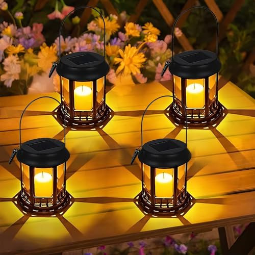 Yowin Lanterne da Esterno 4 Pezzi Grande Lanterna Solare da Giardino con Candele, Lampada Solari da Appendere Impermeabile Lampade da Tavolo per Arredo Terrazzo Balconi Decorazioni - Nero