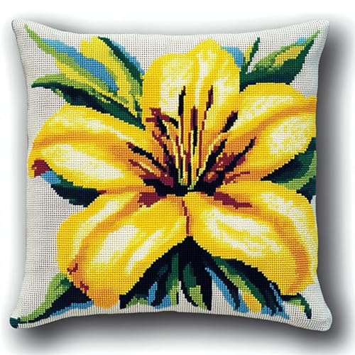Wallphantom Blumen 11CT Kissenbezug Zum Besticken Kreuzstich,Gelbe Lilie,Kreuzstich Set Vorgedruckt Kissenbezug Für Anfänger,Diy Handstickerei Nähkissenbezug,45x45cm