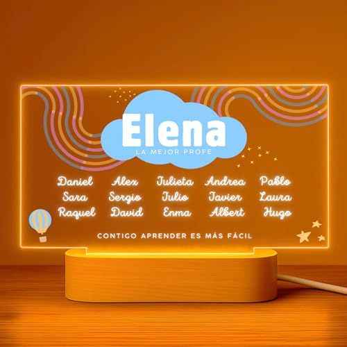 Cristal Plaque - Lámpara Personalizada Profe Arcoiris y Nombres | Regalo Profesores Personalizado | Detalle Fin de Curso y Día del Maestro | Placa Metacrilato con Luz LED y Base de Madera