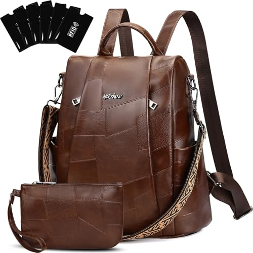 Eshow Womens Backpack Anti Theft Waterproof, Ladies Rucksack Vegan Leather Fashion, Daypack Convertible Purse With RFID, Handbag Shoulder Bag For Travel School Work Dark Brown Patchwork