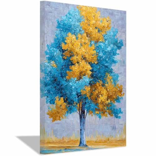 WUFIEA Albero Della Vita Quadri Albero dell'Oro Blu Decorazione Murale Camera da letto Soggiorno Quadro(blu)-70x100cm Incorniciato