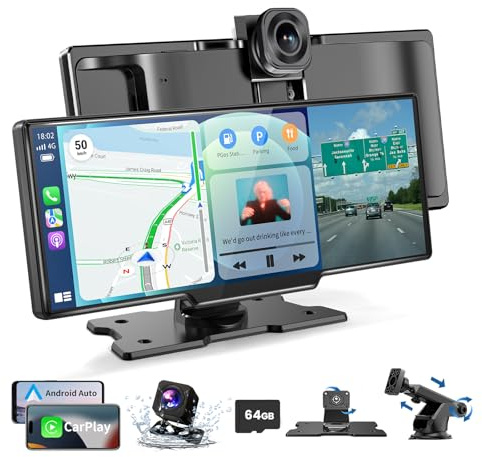 11 Zoll für Apple Carplay Display & Android Auto Display: Car Play Display mit GPS Navigation 4K Dashcam Rückfahrkamera Bluetooth Siri Sprachsteuerung IPS Touchscreen Mirror Link AUX FM 64G TF