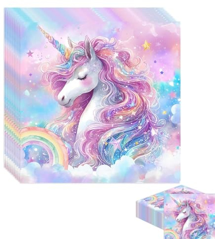Einhorn Servietten, 60 Stück Einhorn servietten Kindergeburtstag, Servietten Geburtstag Mädchen, 16,5 x 16,5 cm für Kindergeburtstag, Deko einhorn kindergeburtstag