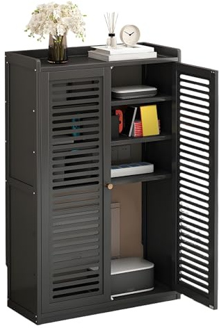 Adjustable WiFi Router Storage Cabinet with 2 Doors, Louvered Radiator Cover & Shelf for Home/Office, 38in Black, Stylish & Functional Solution