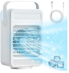 Aria condizionata portatile, 4 in 1 climatizzatore portatile, mini raffrescatore d'aria,ventilatore refrigerante,ventilatore con ghiaccio, Ventilatore da tavolo,70° Oscillation,4 Velocità 2 Modalità