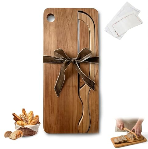 JNinuxes Juego De Cuchillo Y Tabla Para Pan, Cortador De Pan Manual De Madera, Cuchillo Para Masa Madre Y Tabla De Cortar, 20 Cm, Con Bandeja Recogemigas A Juego.