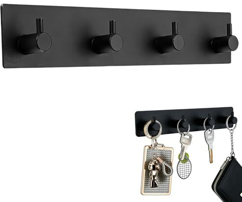 Schlüsselbrett Wand Schwarz Metall mit 4 Schlüsselhaken, Schlüsselhalter Wand Modern, Schlüsselleiste Selbstklebend Klein Ohne Bohren, Schlüsselaufhänger & Key Holder für Flur Eingang Tür Küche Büro