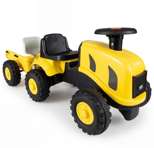COSTWAY Barntraktor med släpvagn, 2-i-1 glidfordon (gul) | Med horn, ergonomiskt säte, tippskydd och verktygshållare, barnbil 25 kg lastkapacitet, för barn från 18–36 månader