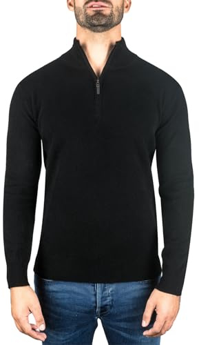CASH-MERE.CH Pull | Chandail pour Hommes avec Un Col Montant À Fermeture Éclair 100% Cachemire (Noir, M)